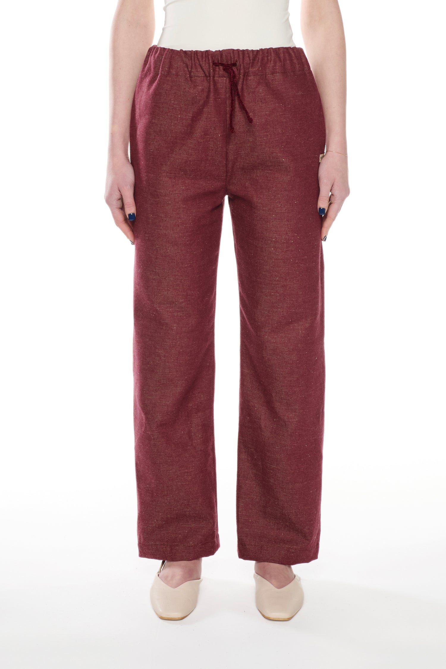 BURGUNDY LINEN-COTTON DENIM TROUSERS