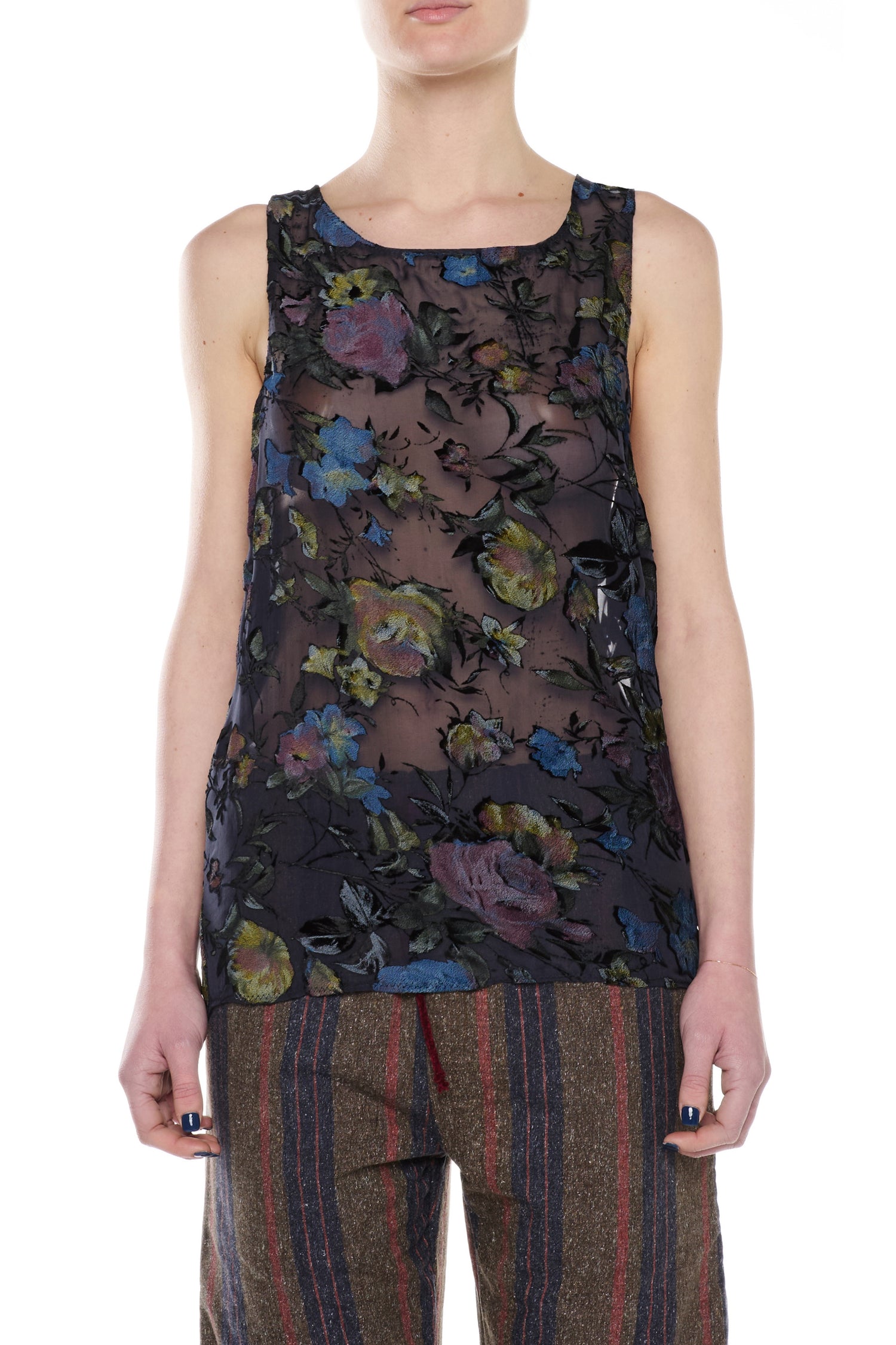 BLUE SILK DEVORÉ VELVET TANK TOP