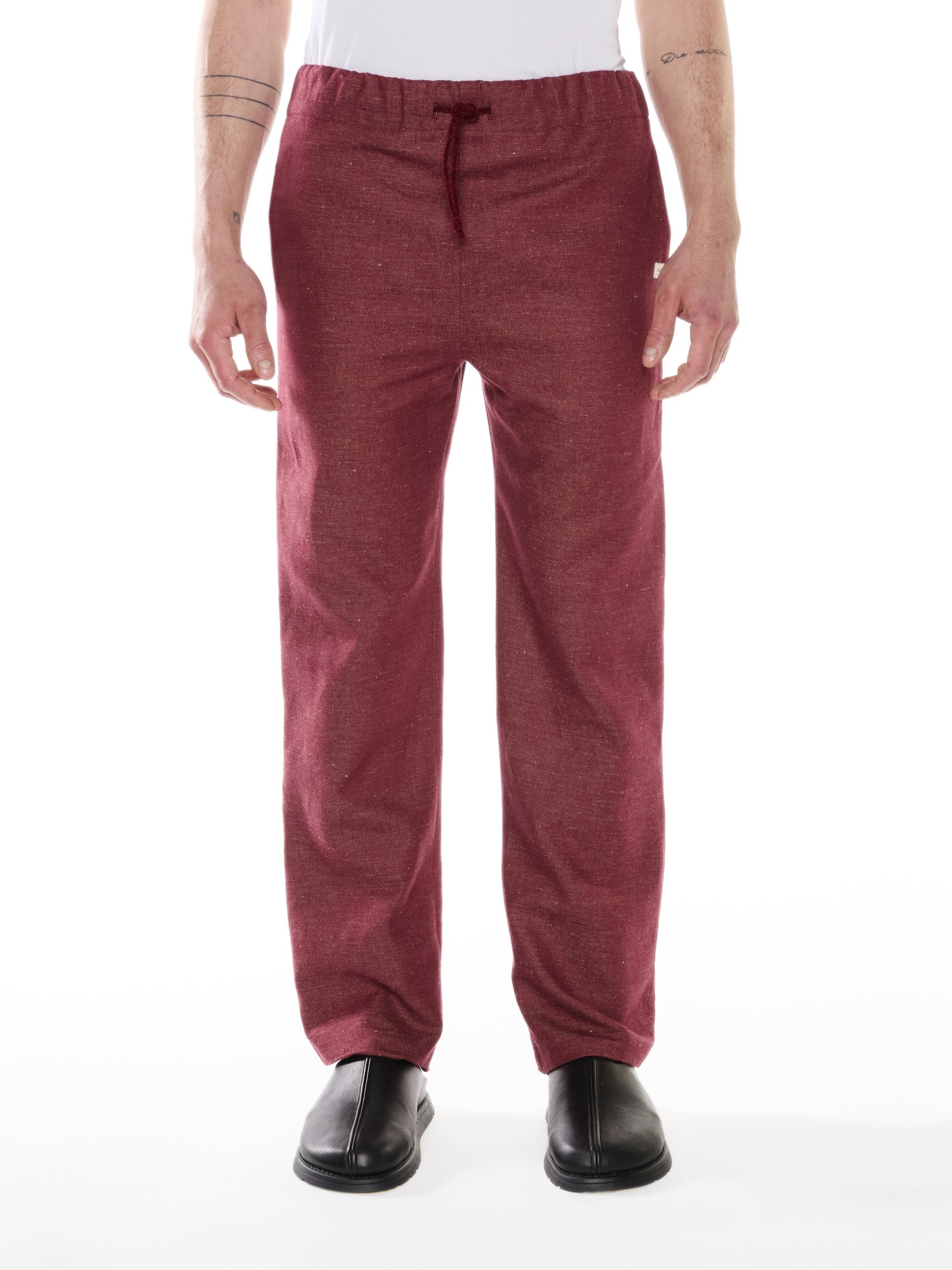 BURGUNDY LINEN-COTTON DENIM TROUSERS