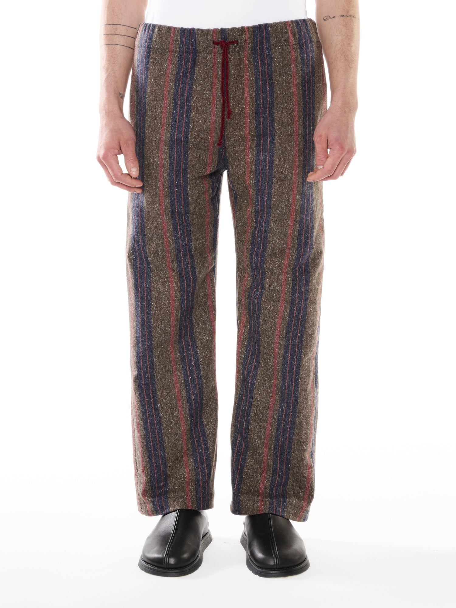 STRIPED WOOL-COTTON DENIM TROUSERS