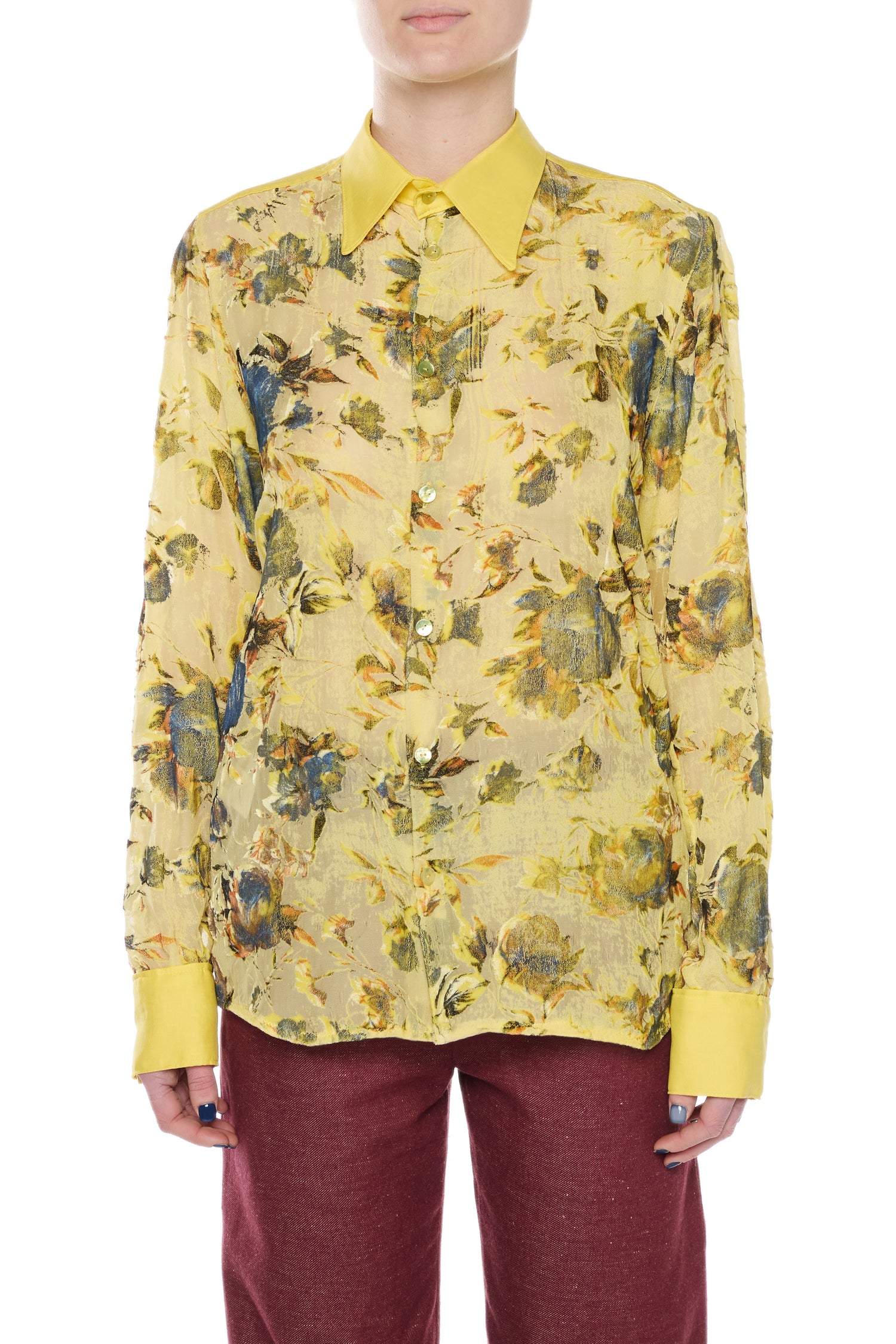 CAMICIA IN VELLUTO DEVORÉ DI SETA GIALLA E COTONE