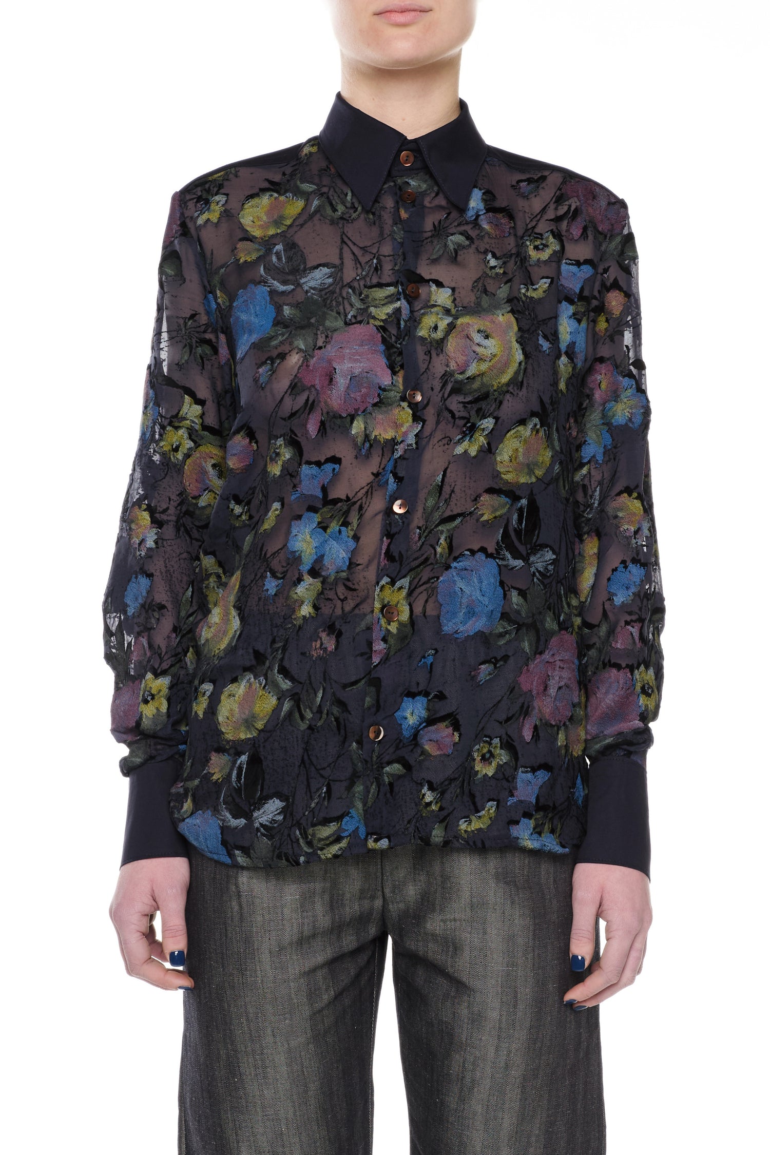 CAMICIA IN VELLUTO DEVORÉ DI SETA BLU E COTONE