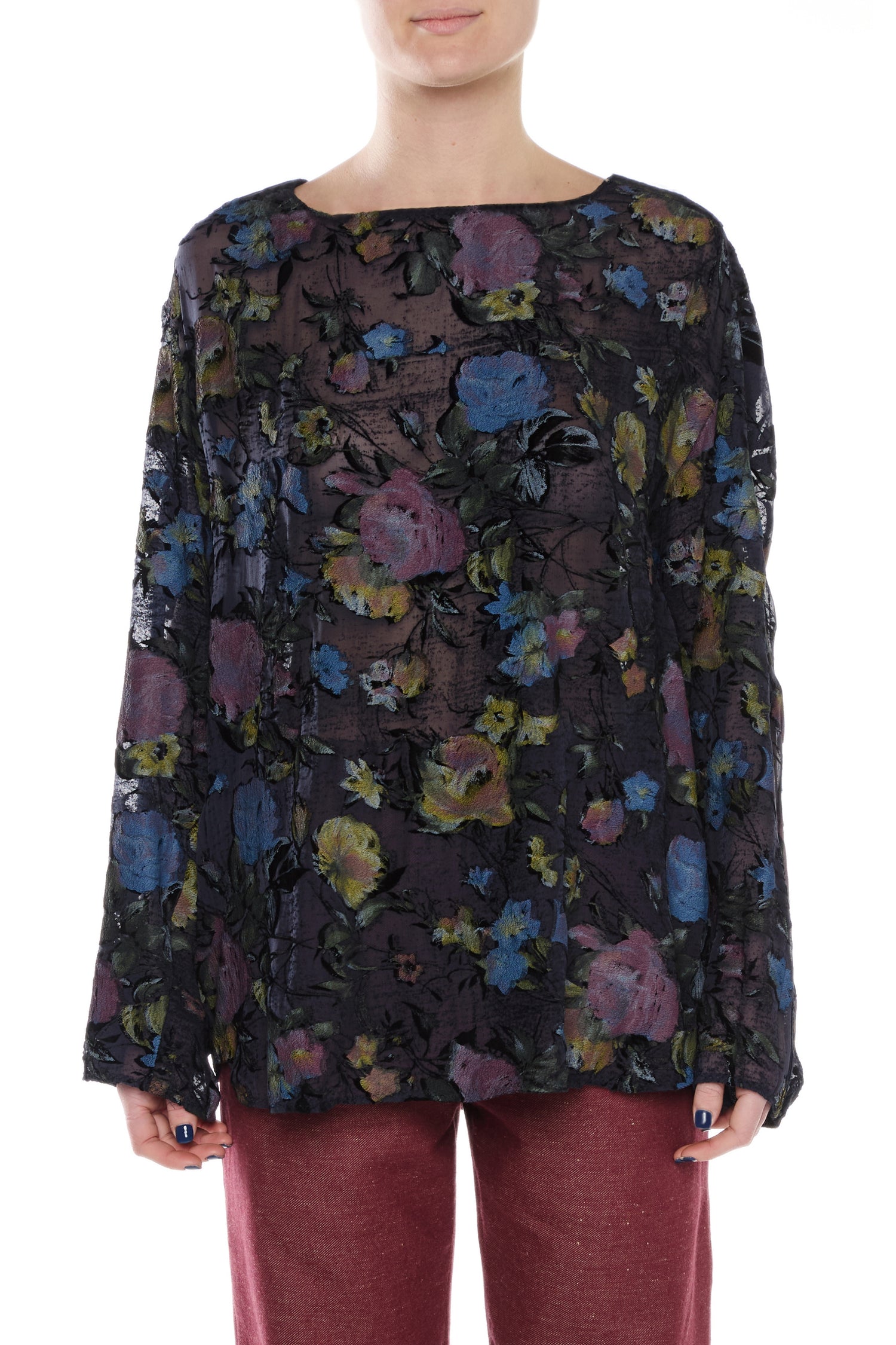 BLUE SILK DEVORÉ VELVET LONG-SLEEVED T-SHIRT