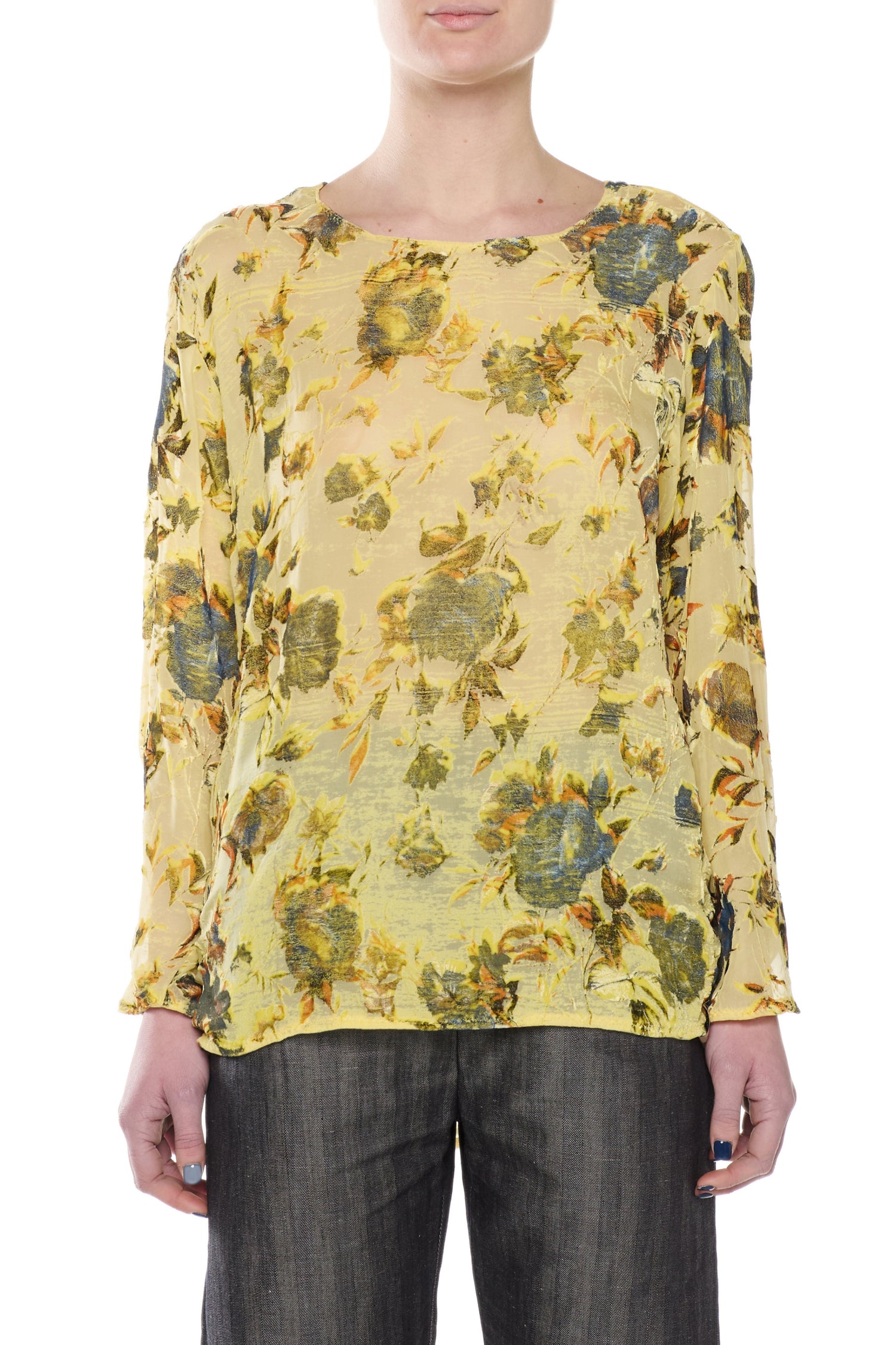 YELLOW SILK DEVORÉ VELVET LONG-SLEEVED T-SHIRT
