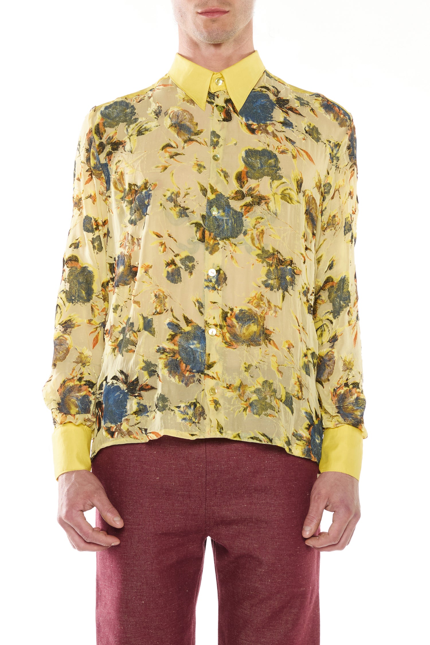 CAMICIA IN VELLUTO DEVORÉ DI SETA GIALLA E COTONE