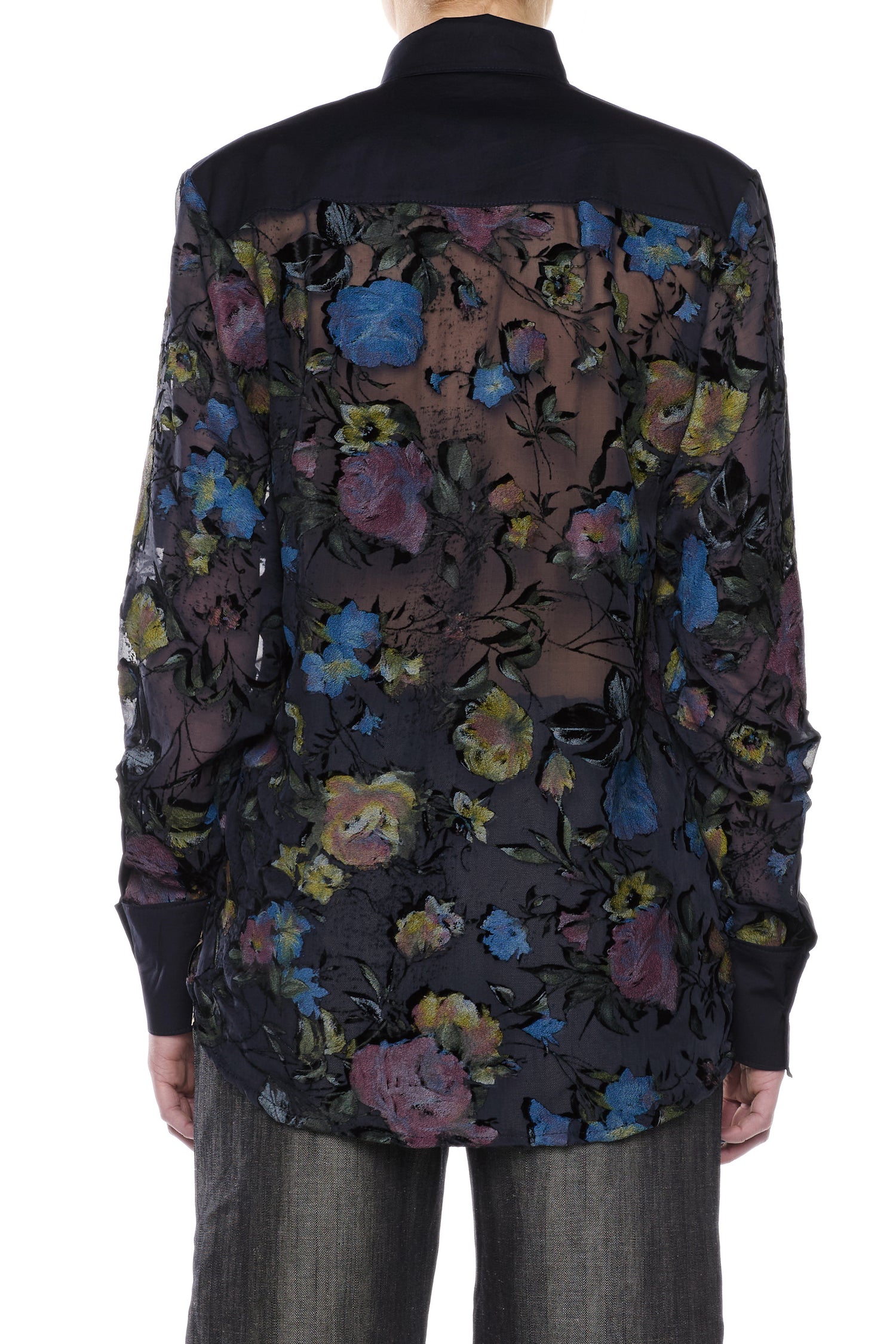 BLUE SILK AND COTTON DEVORÉ VELVET SHIRT