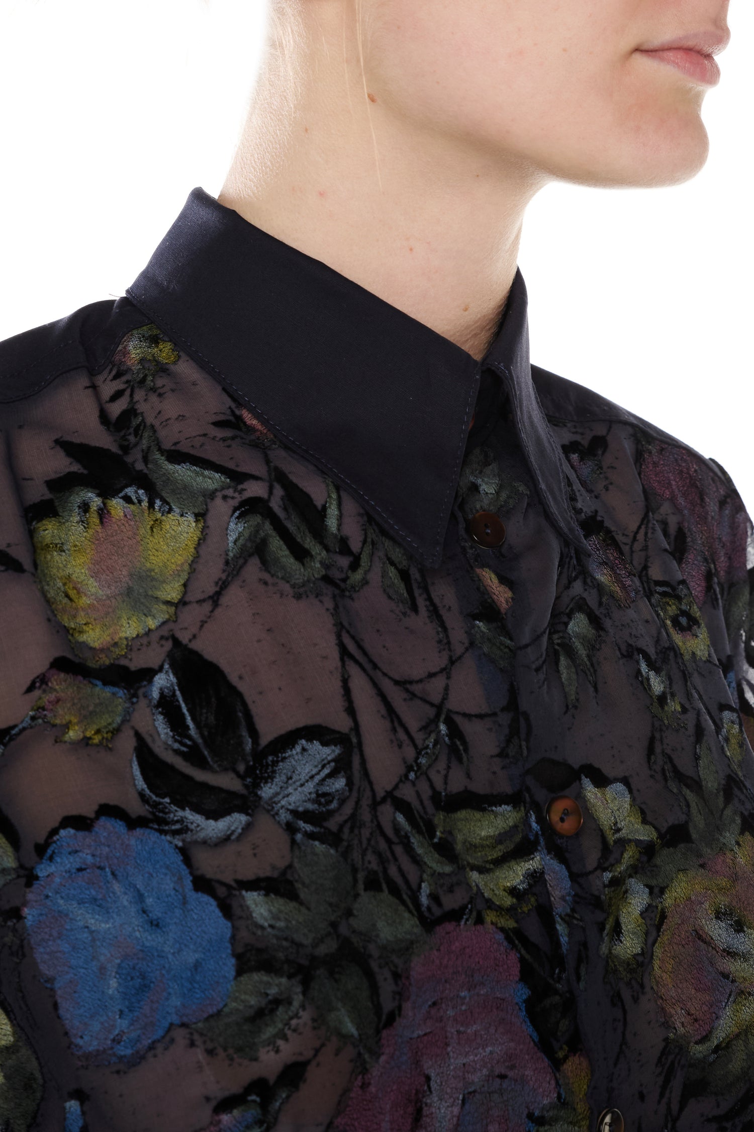 BLUE SILK AND COTTON DEVORÉ VELVET SHIRT