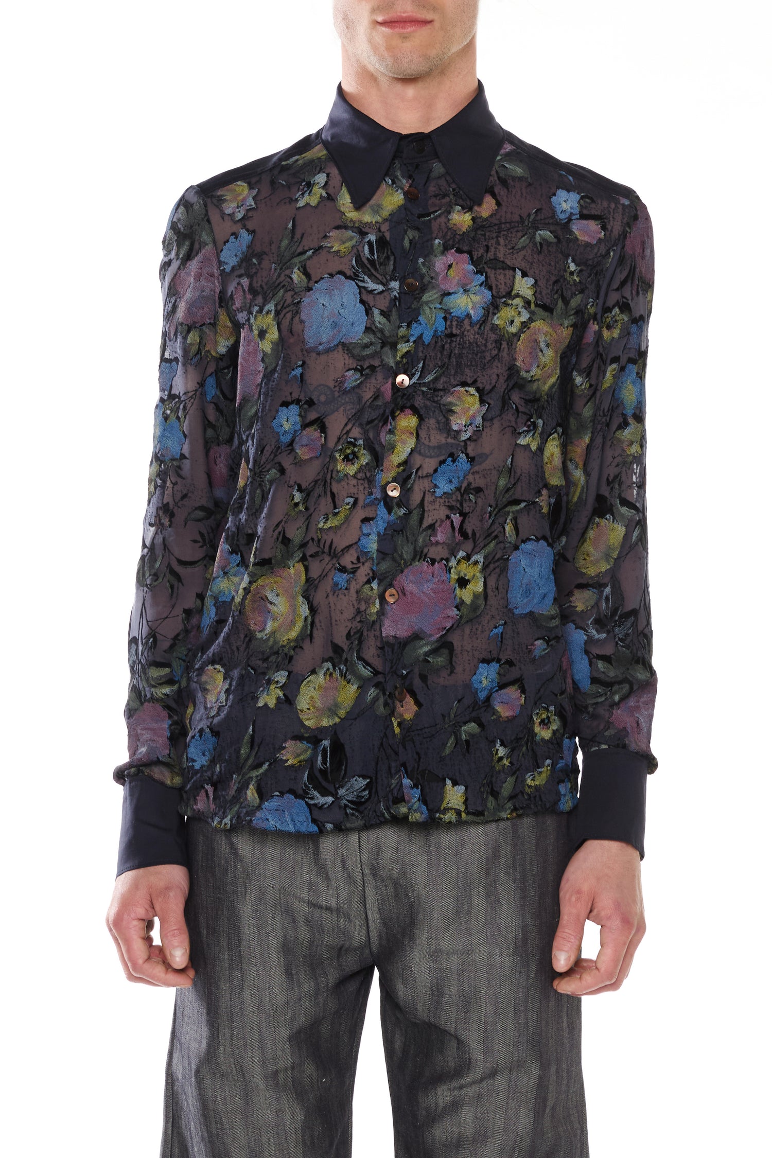 CAMICIA IN VELLUTO DEVORÉ DI SETA BLU E COTONE