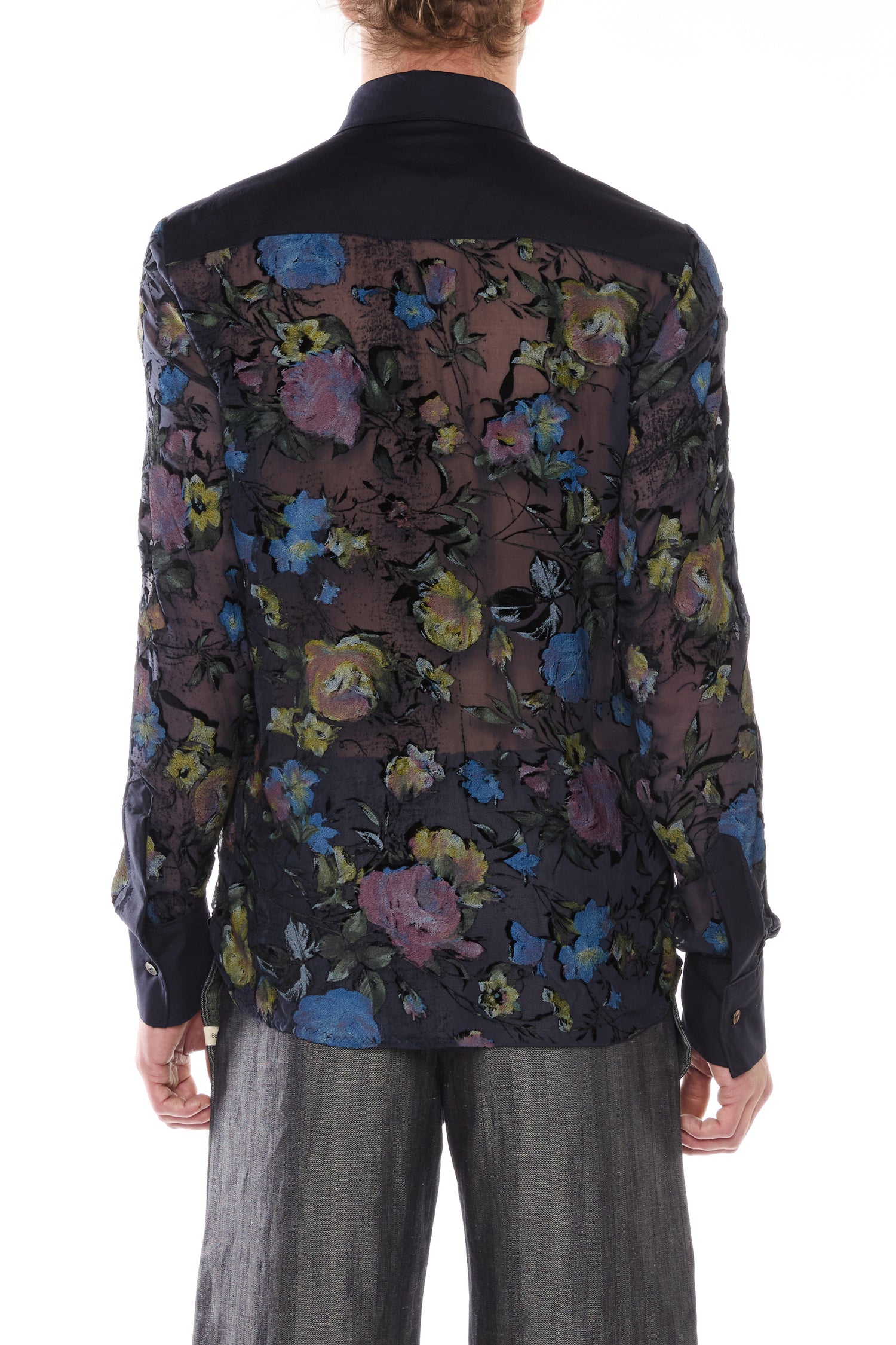 BLUE SILK AND COTTON DEVORÉ VELVET SHIRT