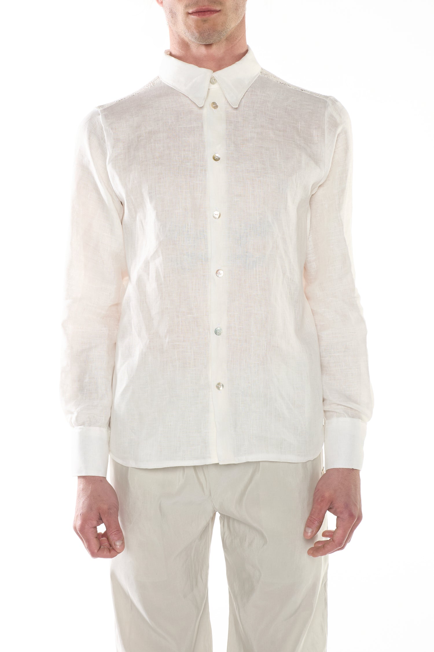 Butter Linen Shirt with Geometric Mesh Lace Back