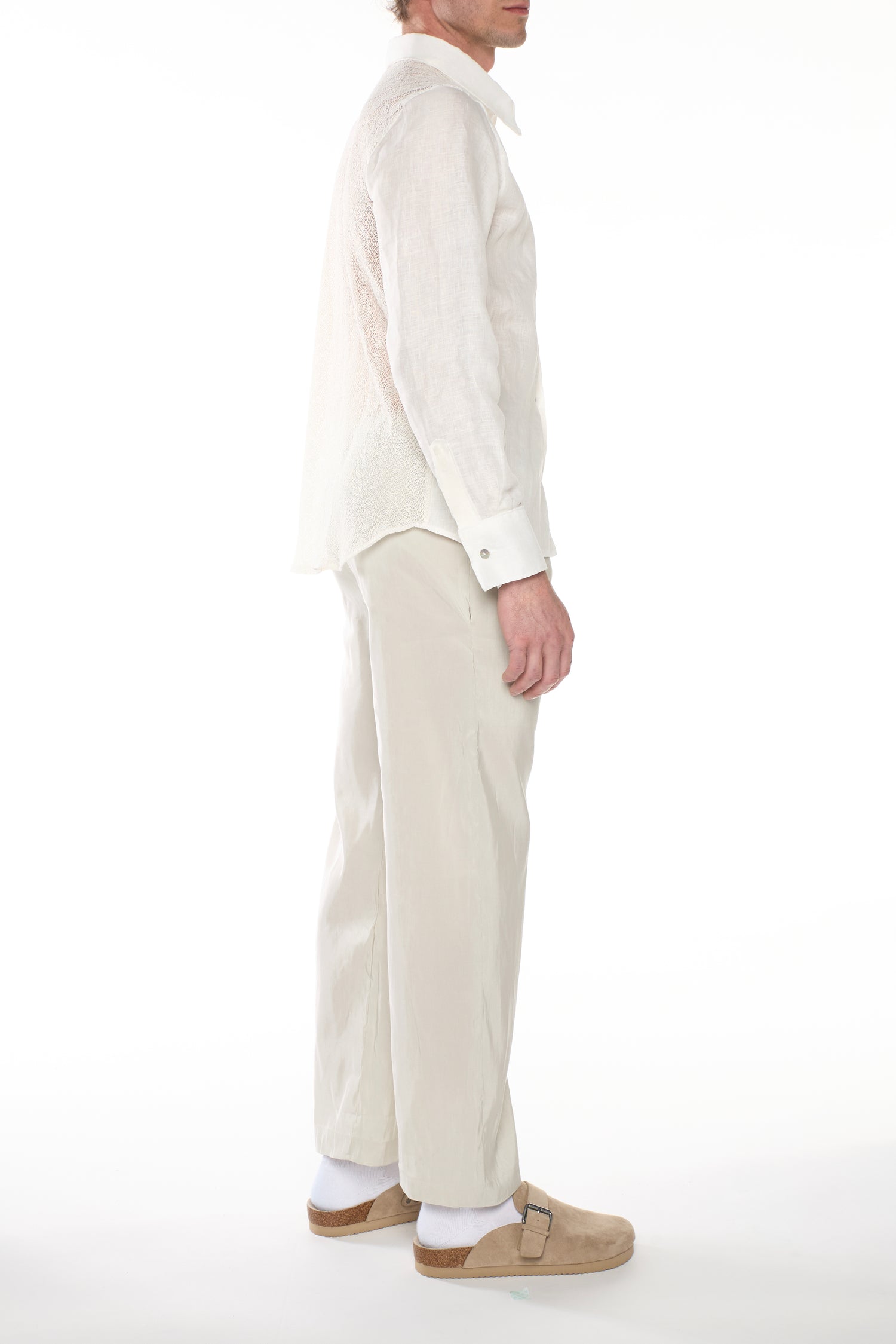 Butter Linen Shirt with Geometric Mesh Lace Back