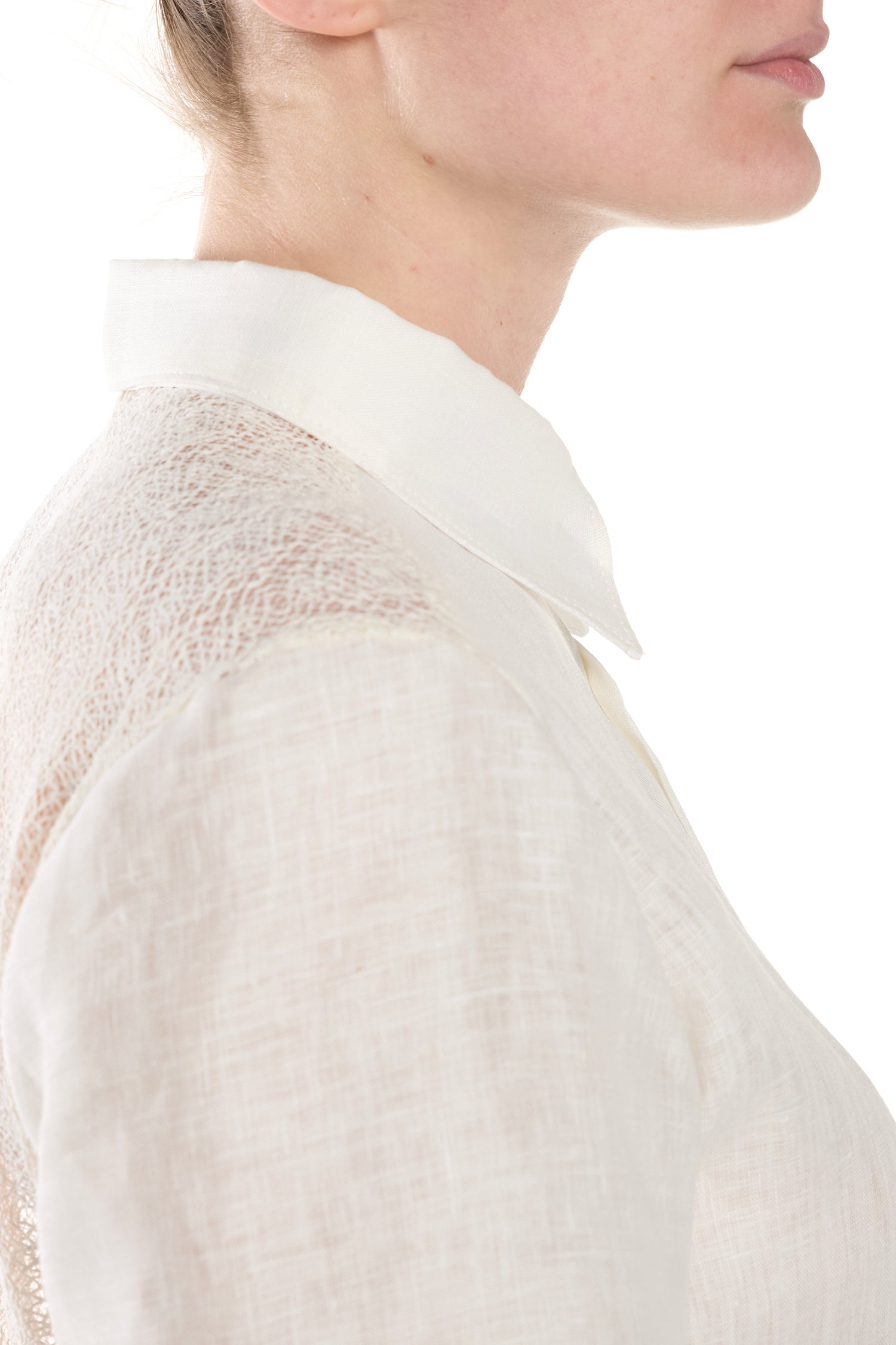 Butter Linen Shirt with Geometric Mesh Lace Back