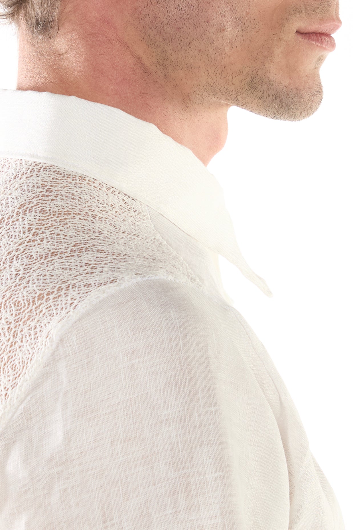 Butter Linen Shirt with Geometric Mesh Lace Back