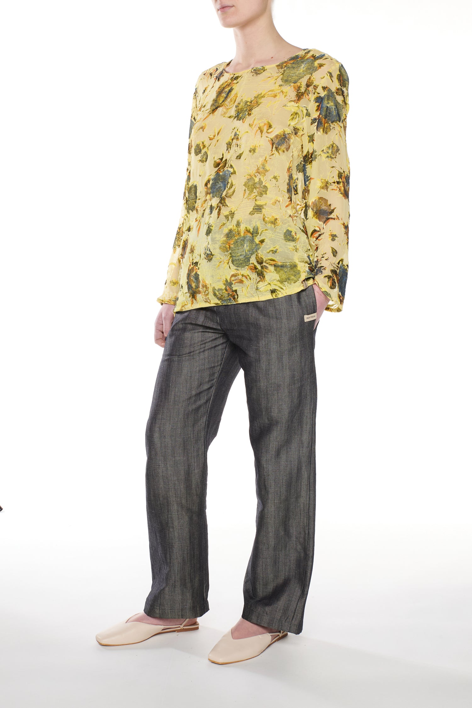 YELLOW SILK DEVORÉ VELVET LONG-SLEEVED T-SHIRT