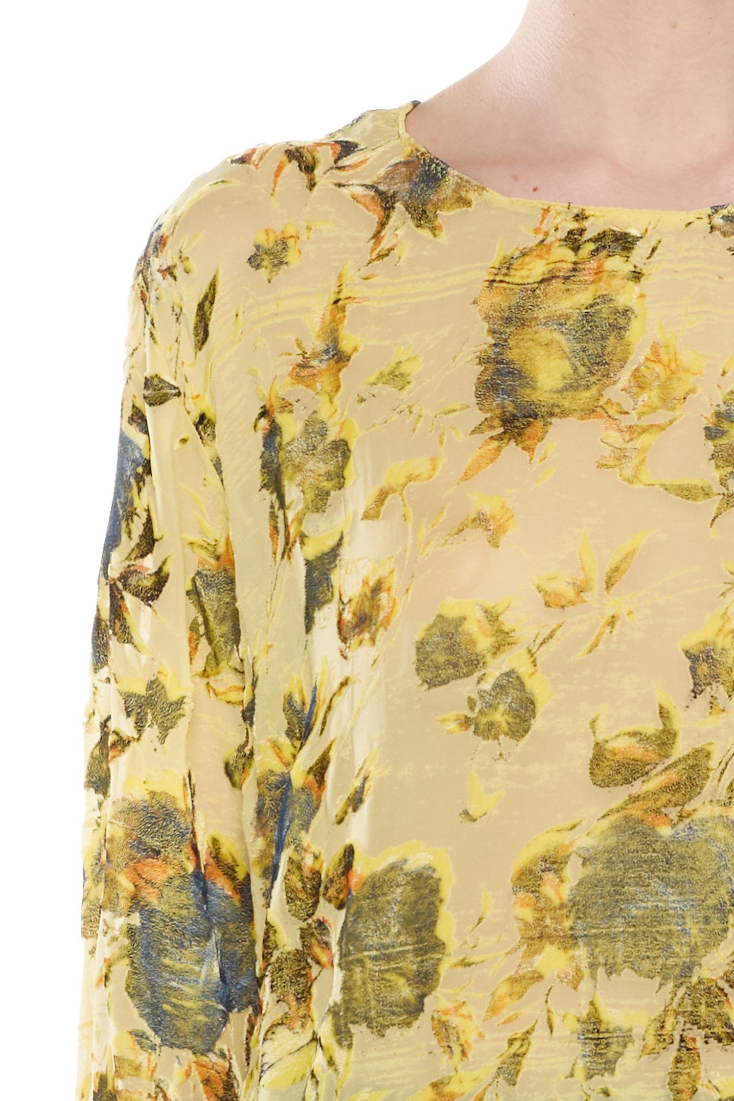 YELLOW SILK DEVORÉ VELVET LONG-SLEEVED T-SHIRT