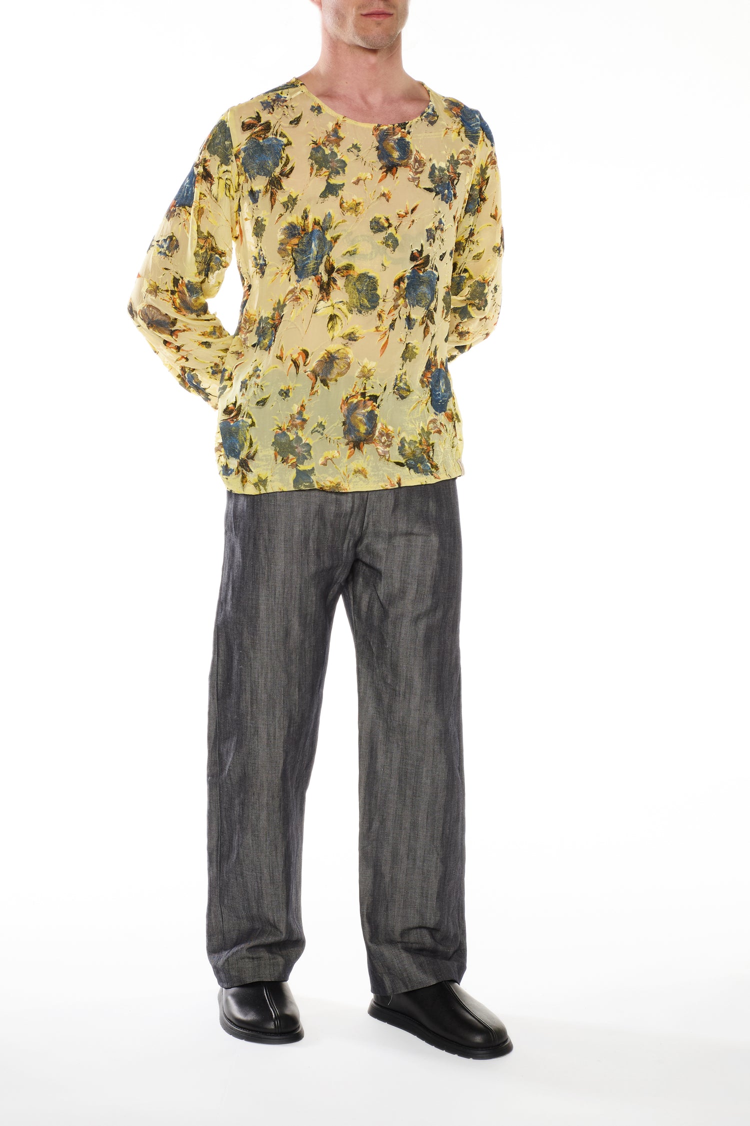 YELLOW SILK DEVORÉ VELVET LONG-SLEEVED T-SHIRT