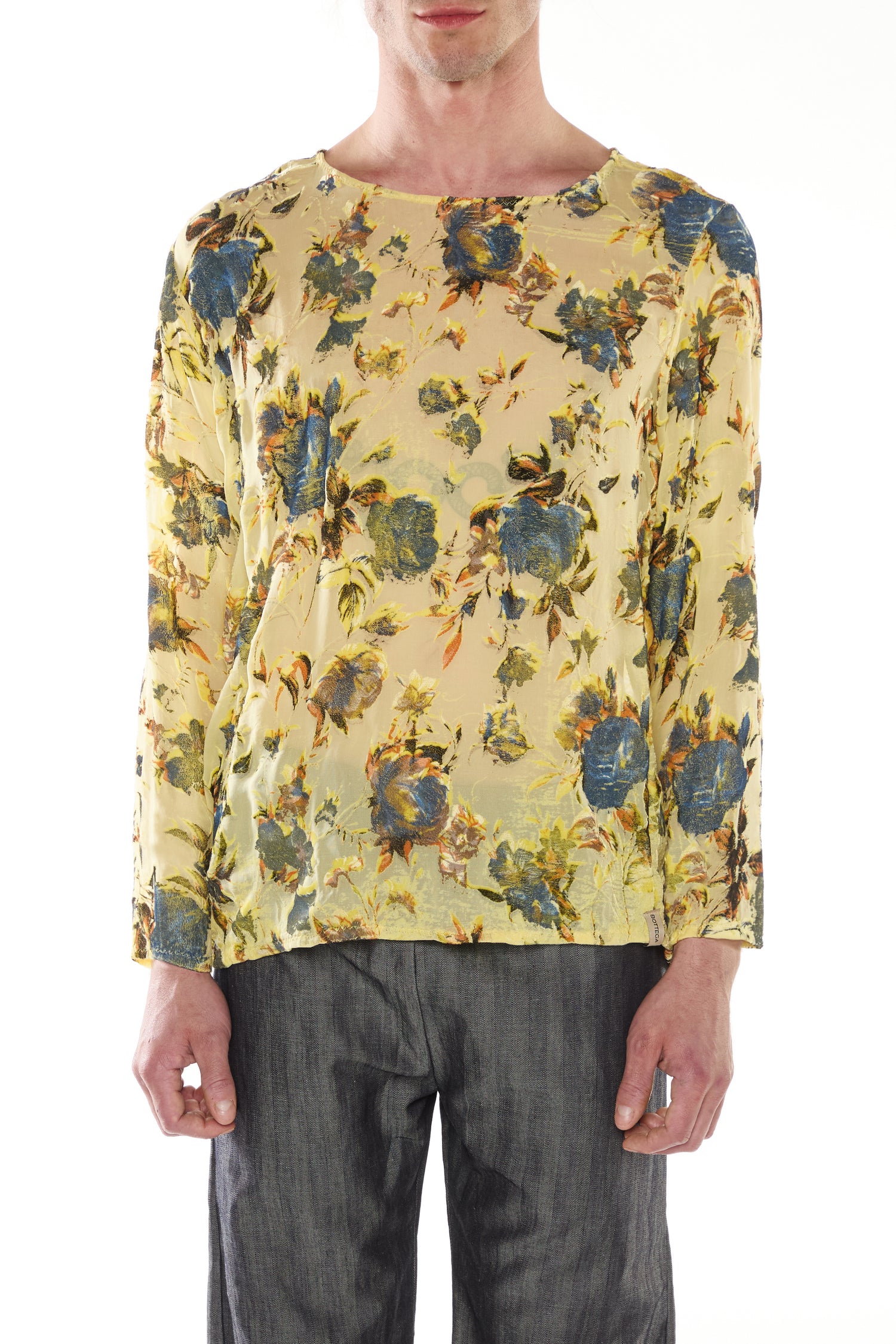 YELLOW SILK DEVORÉ VELVET LONG-SLEEVED T-SHIRT