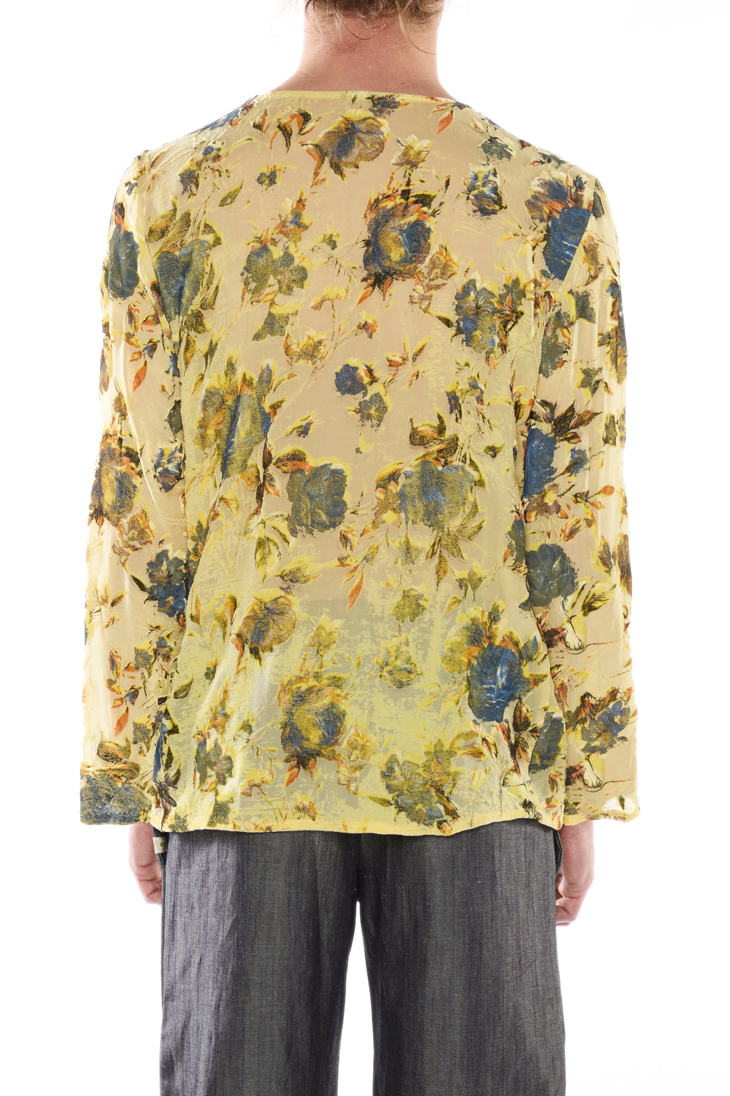 YELLOW SILK DEVORÉ VELVET LONG-SLEEVED T-SHIRT