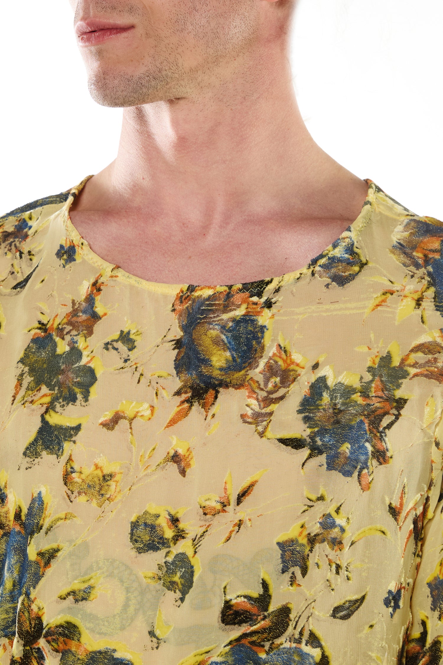 YELLOW SILK DEVORÉ VELVET LONG-SLEEVED T-SHIRT