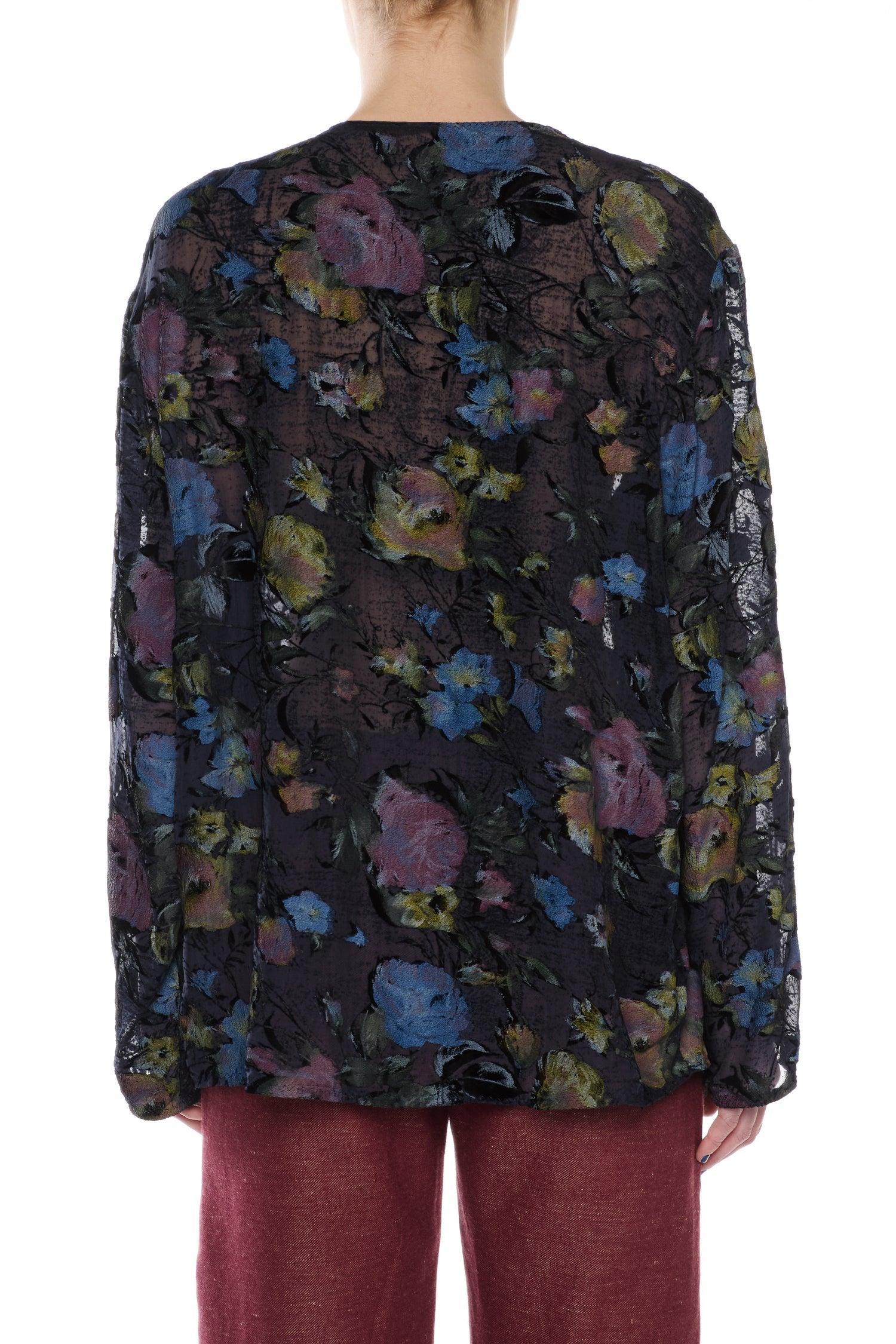 BLUE SILK DEVORÉ VELVET LONG-SLEEVED T-SHIRT