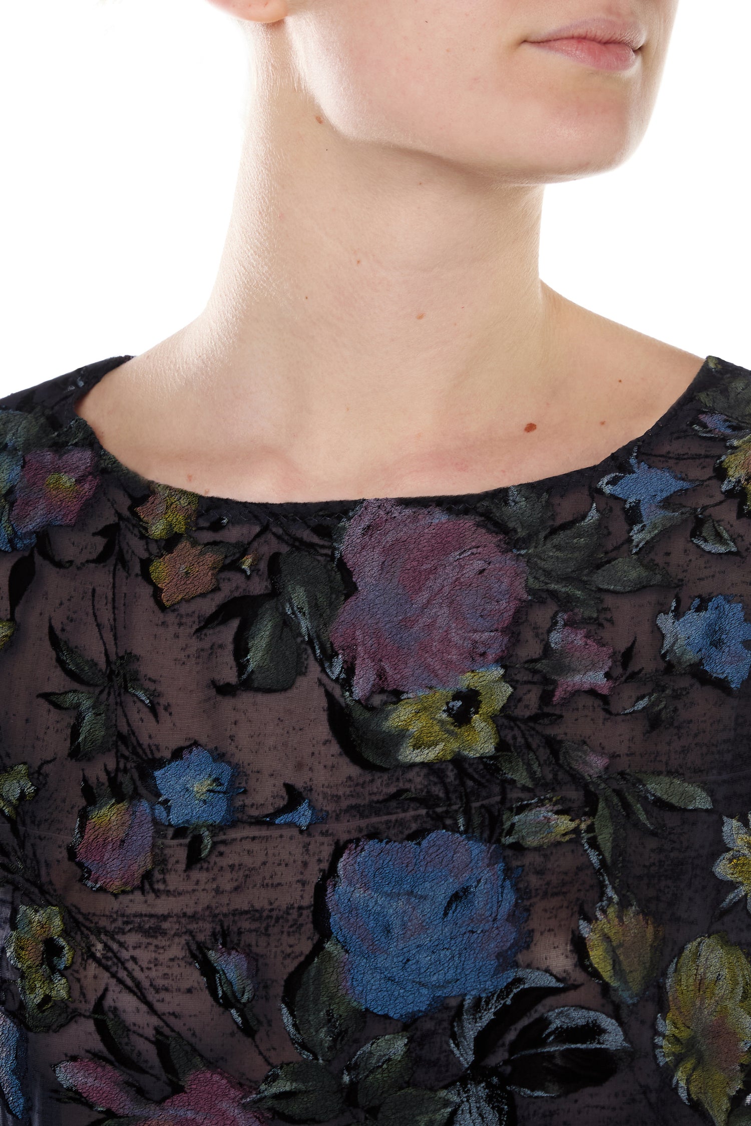BLUE SILK DEVORÉ VELVET LONG-SLEEVED T-SHIRT