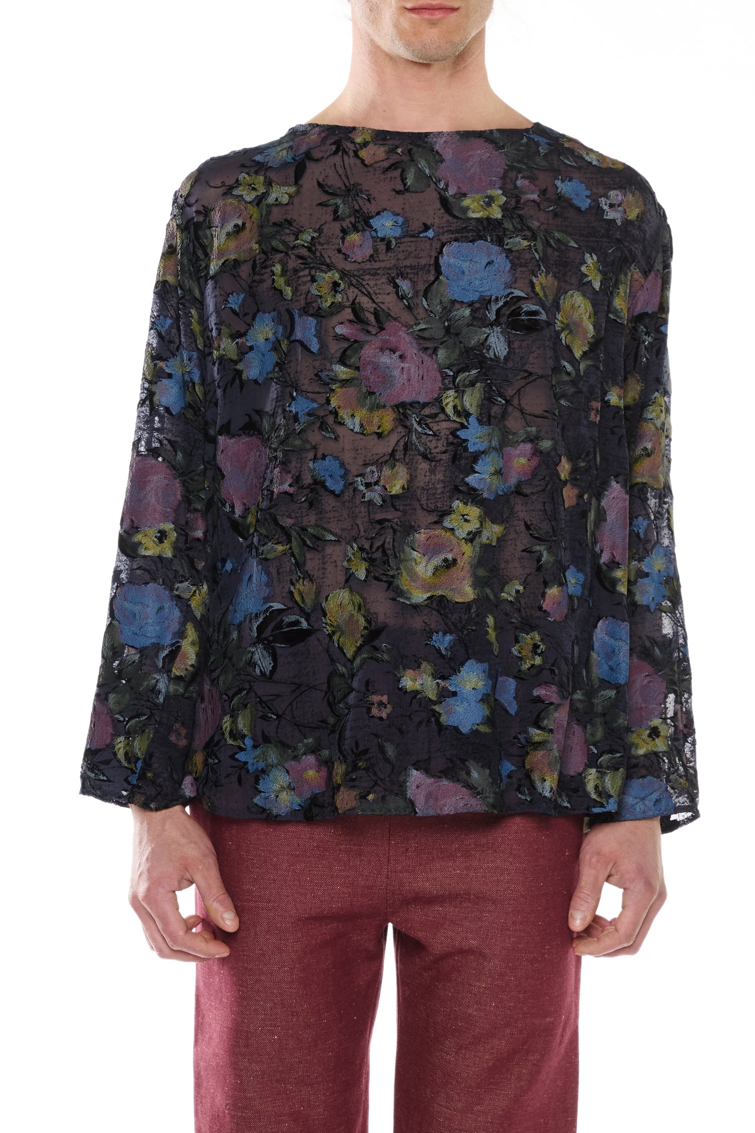 MAGLIA A MANICHE LUNGHE IN VELLUTO DEVORÉ DI SETA BLU