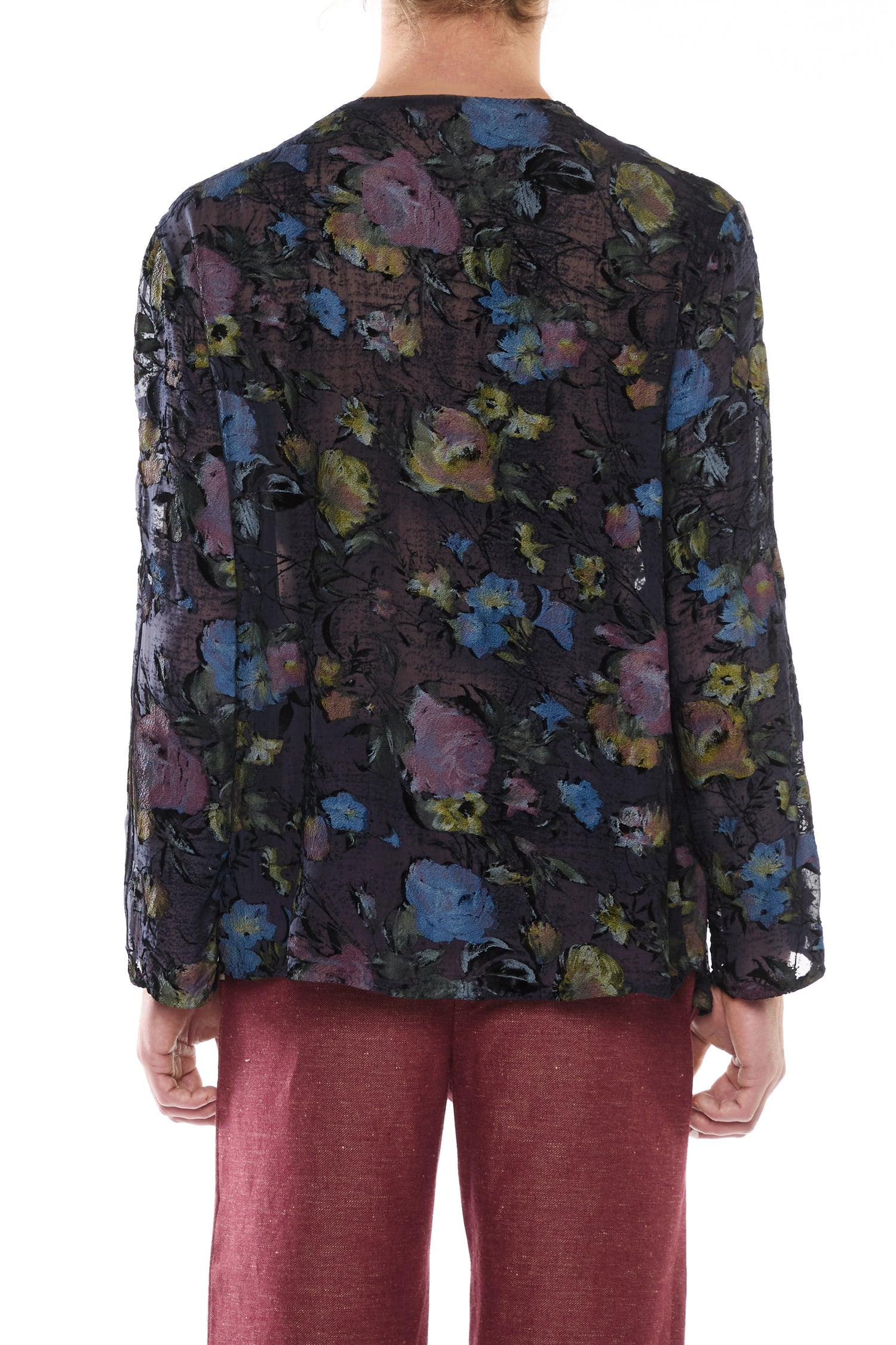 BLUE SILK DEVORÉ VELVET LONG-SLEEVED T-SHIRT