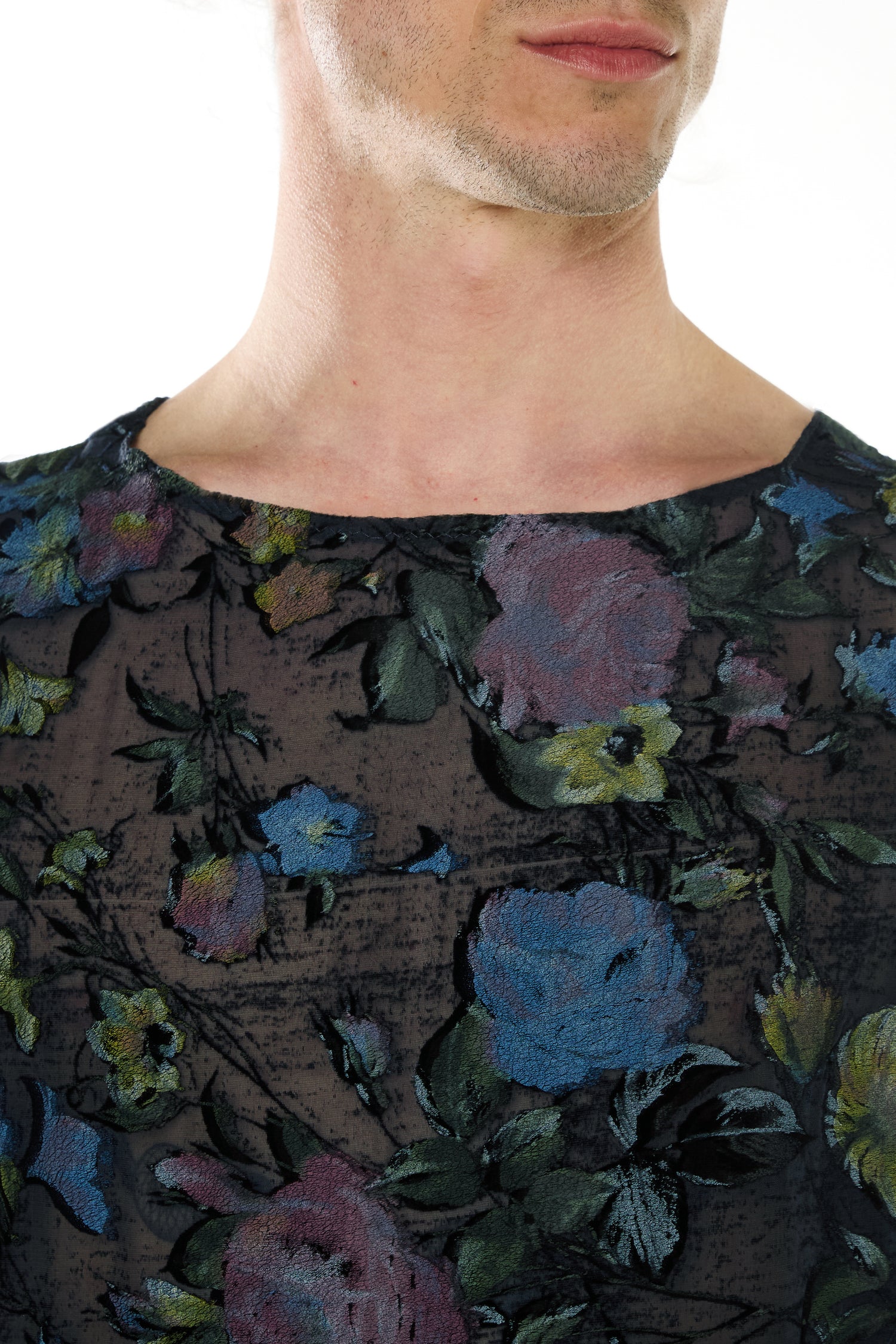 BLUE SILK DEVORÉ VELVET LONG-SLEEVED T-SHIRT