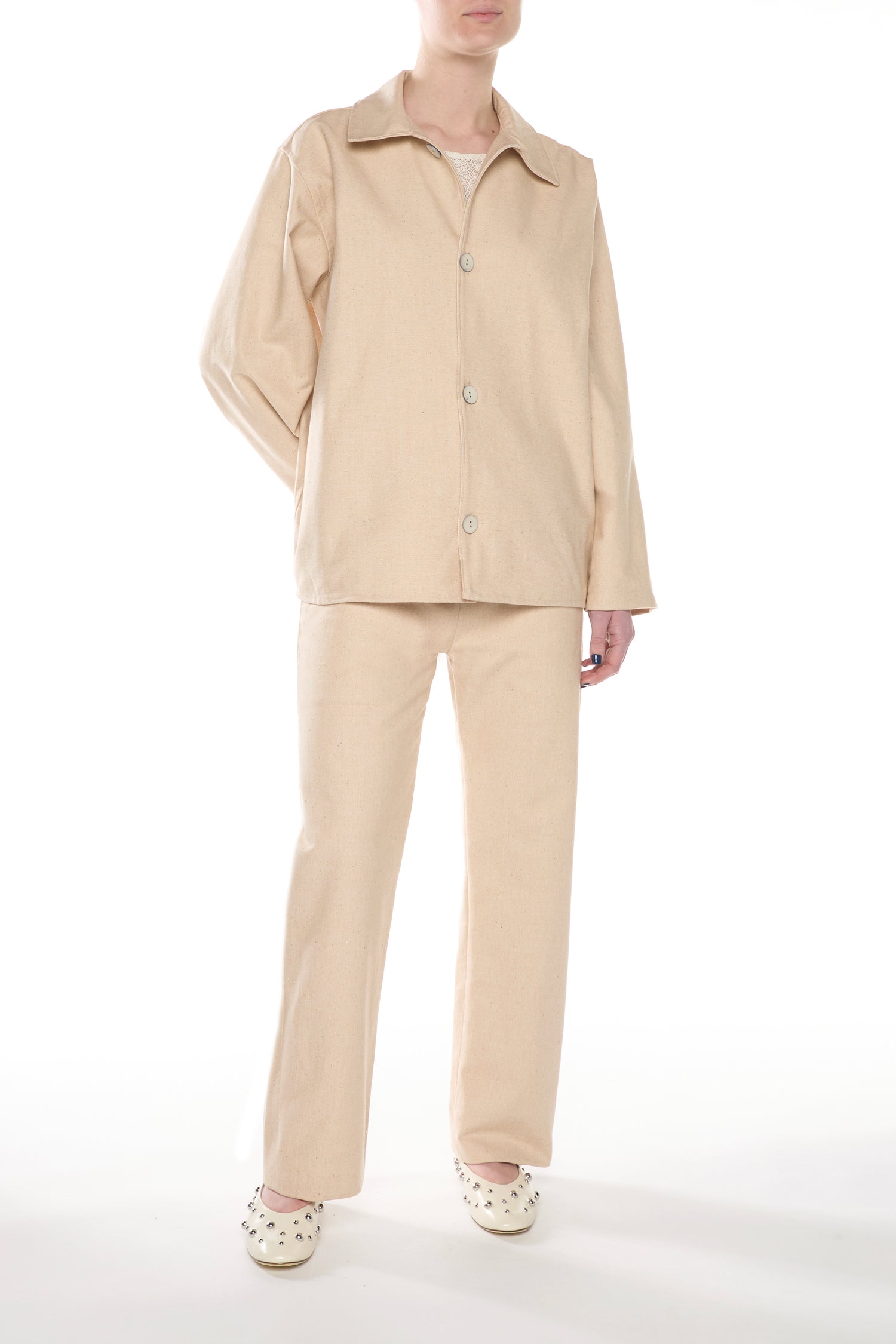 Sand Pink Cotton Linen Blend Denim Overshirt