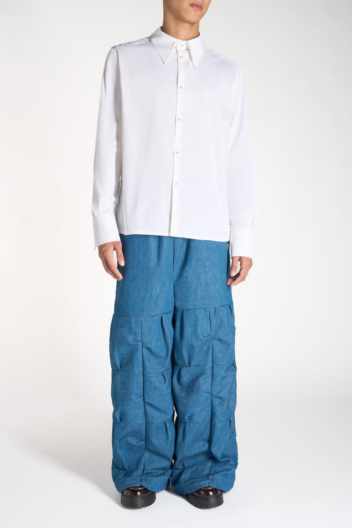 PANTALONE WIDE LEG IN DENIM BLU CON PATCHWORK 3D