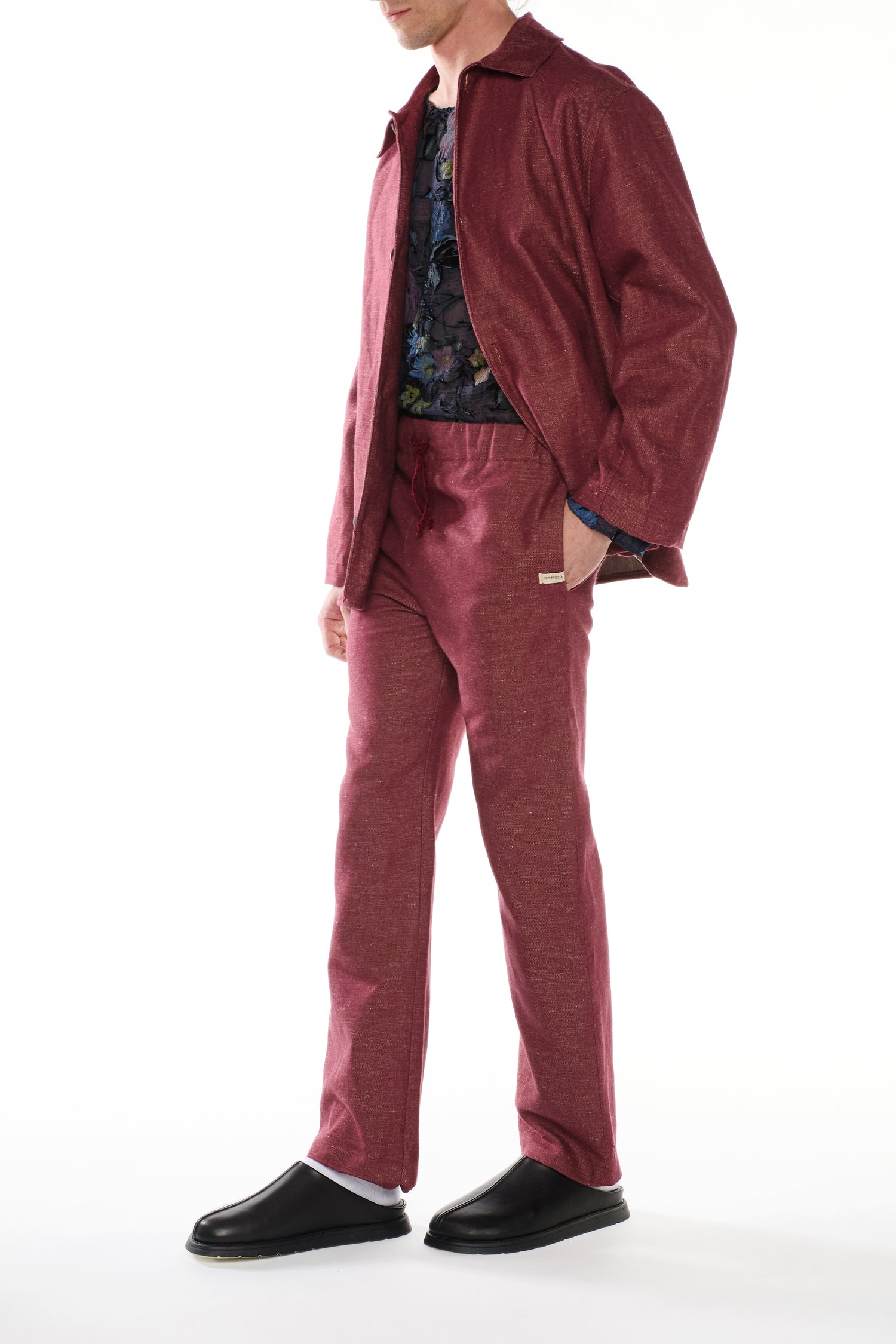 PANTALONE IN DENIM MISTO LINO COTONE BORDEAUX