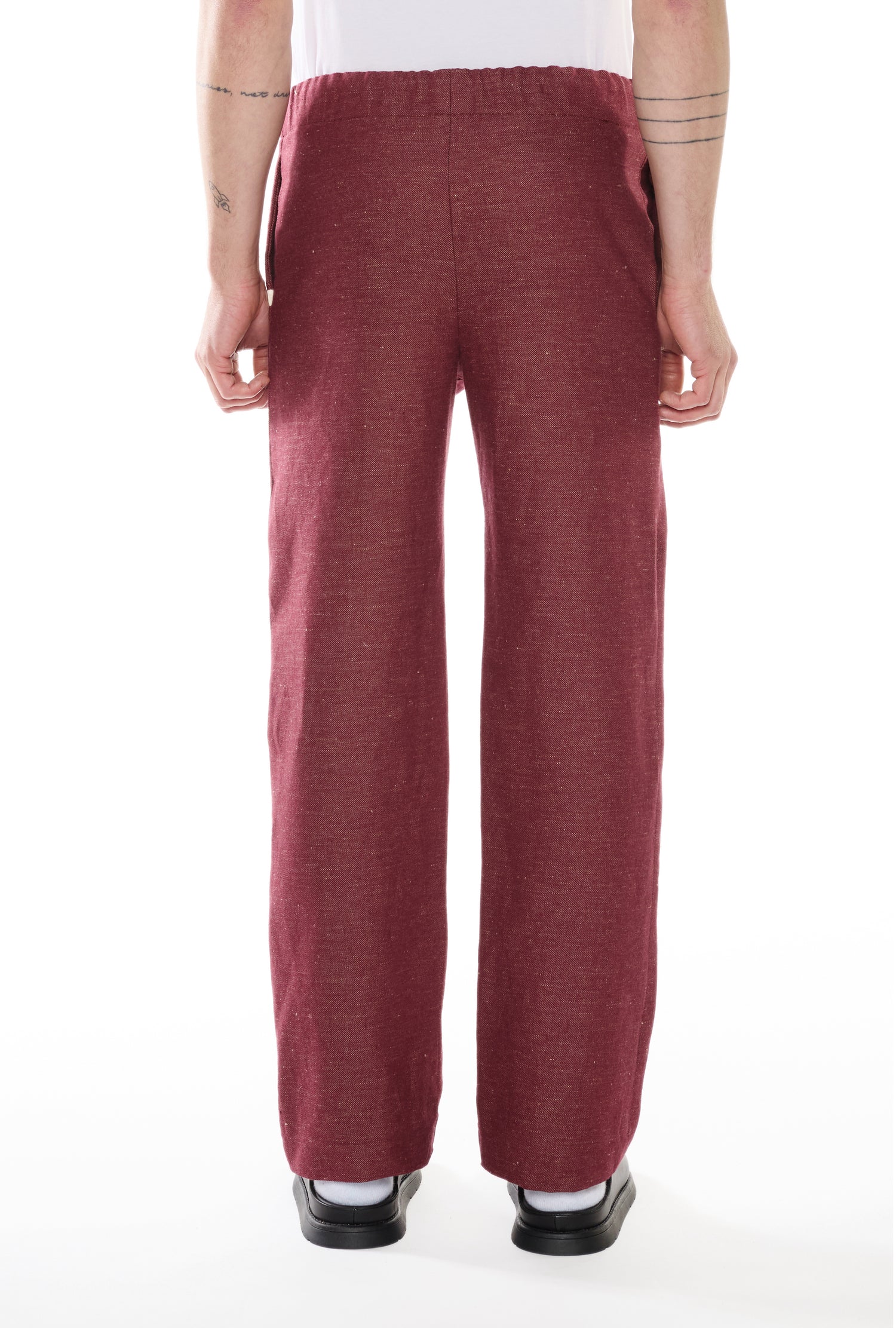 BURGUNDY LINEN-COTTON DENIM TROUSERS