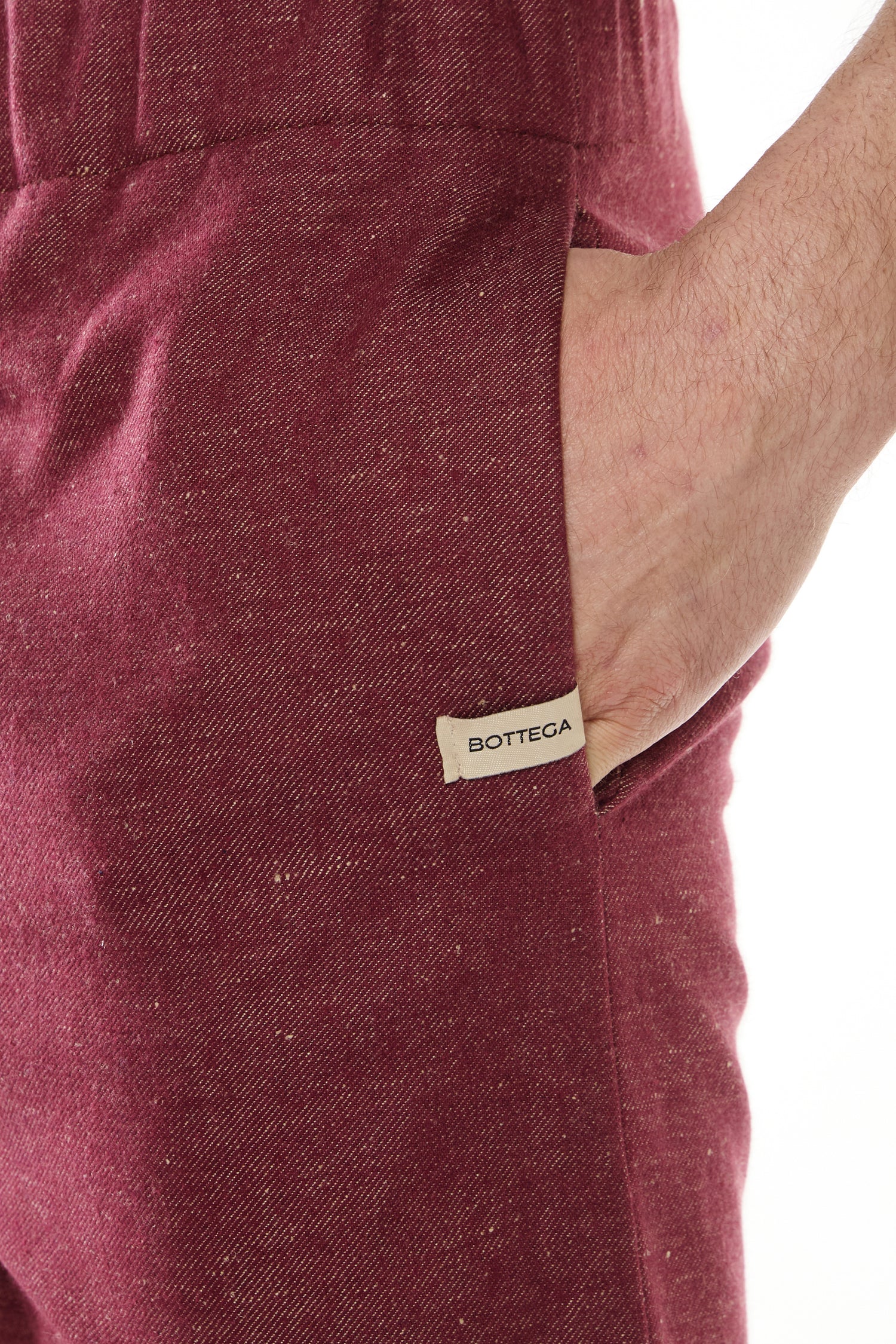 BURGUNDY LINEN-COTTON DENIM TROUSERS