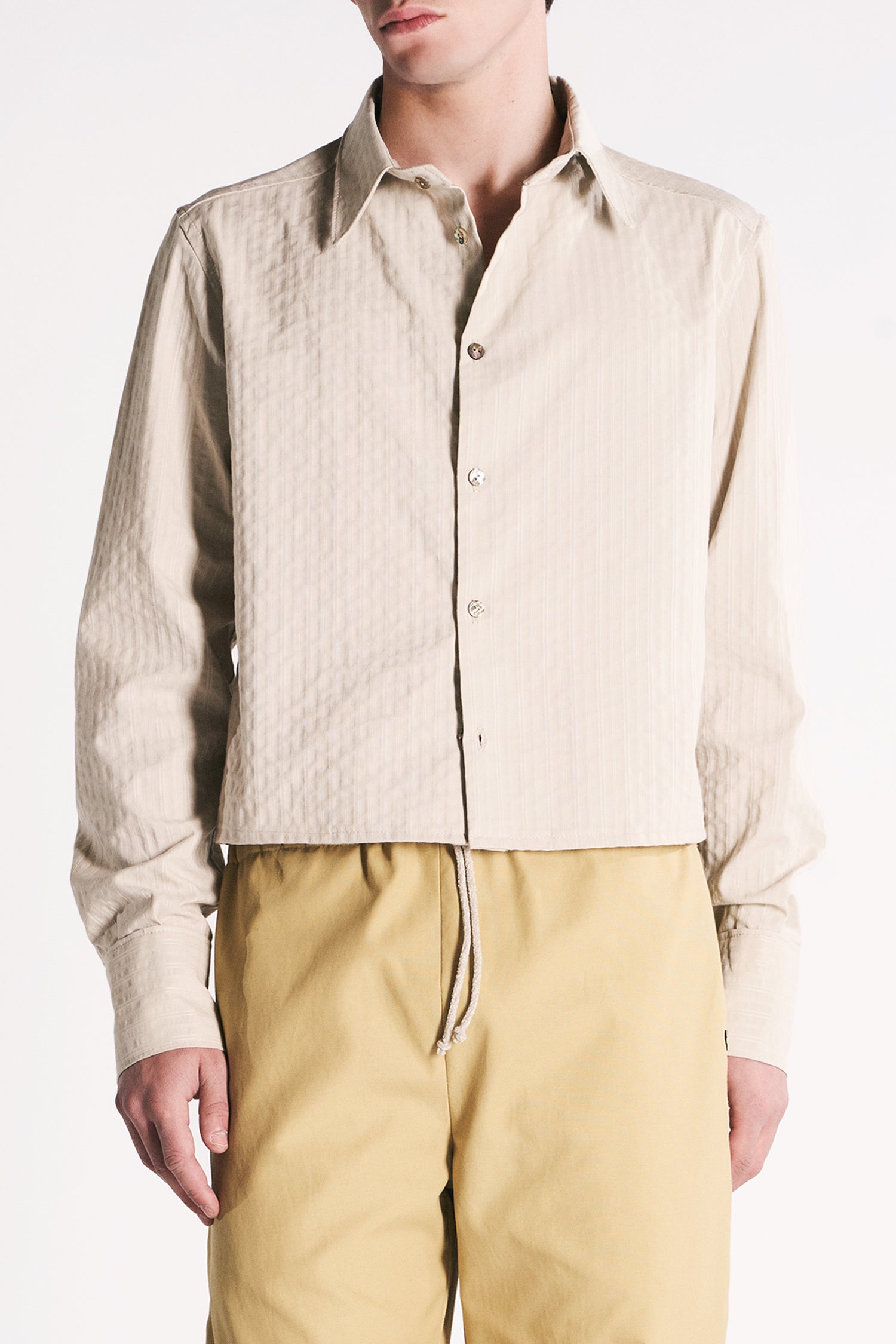 BEIGE CROPPED TEXTURED COTTON SHIRT