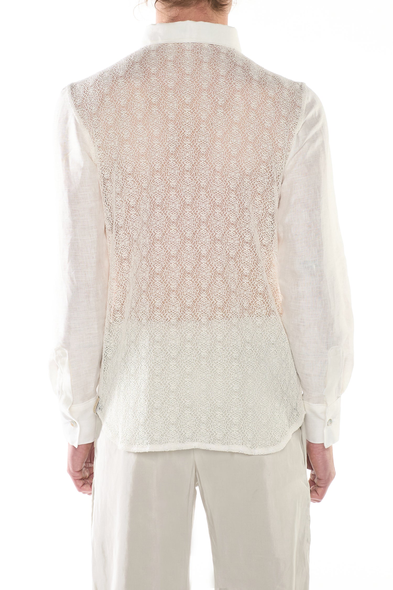 Camicia in Lino Burro con Retro in Pizzo a Rete Geometrica
