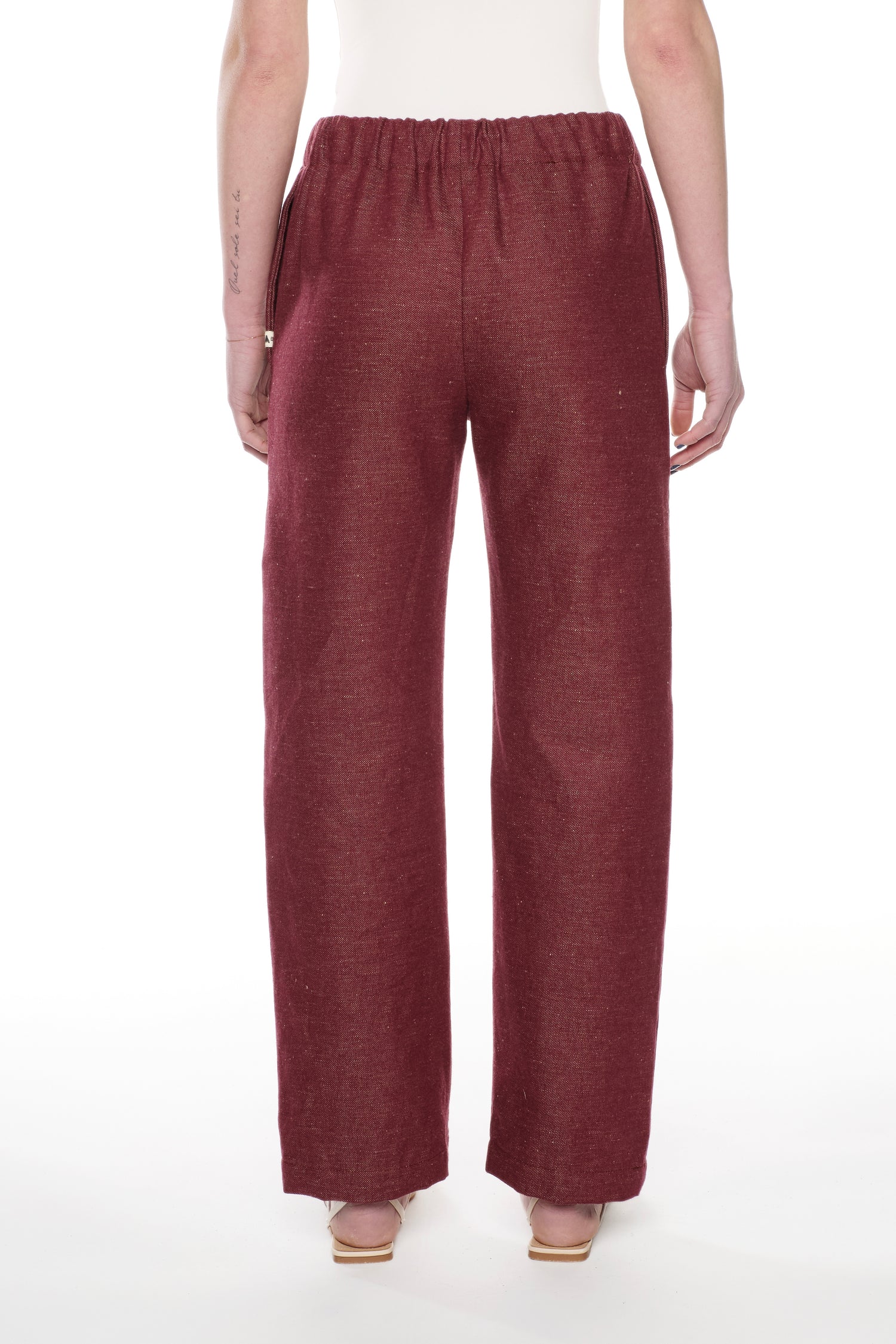 BURGUNDY LINEN-COTTON DENIM TROUSERS