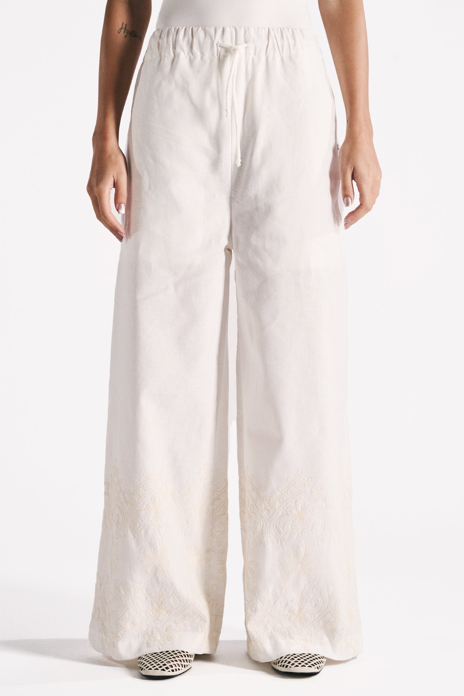PANTALONE WIDE LEG LINO COTONE BURRO CON RICAMO