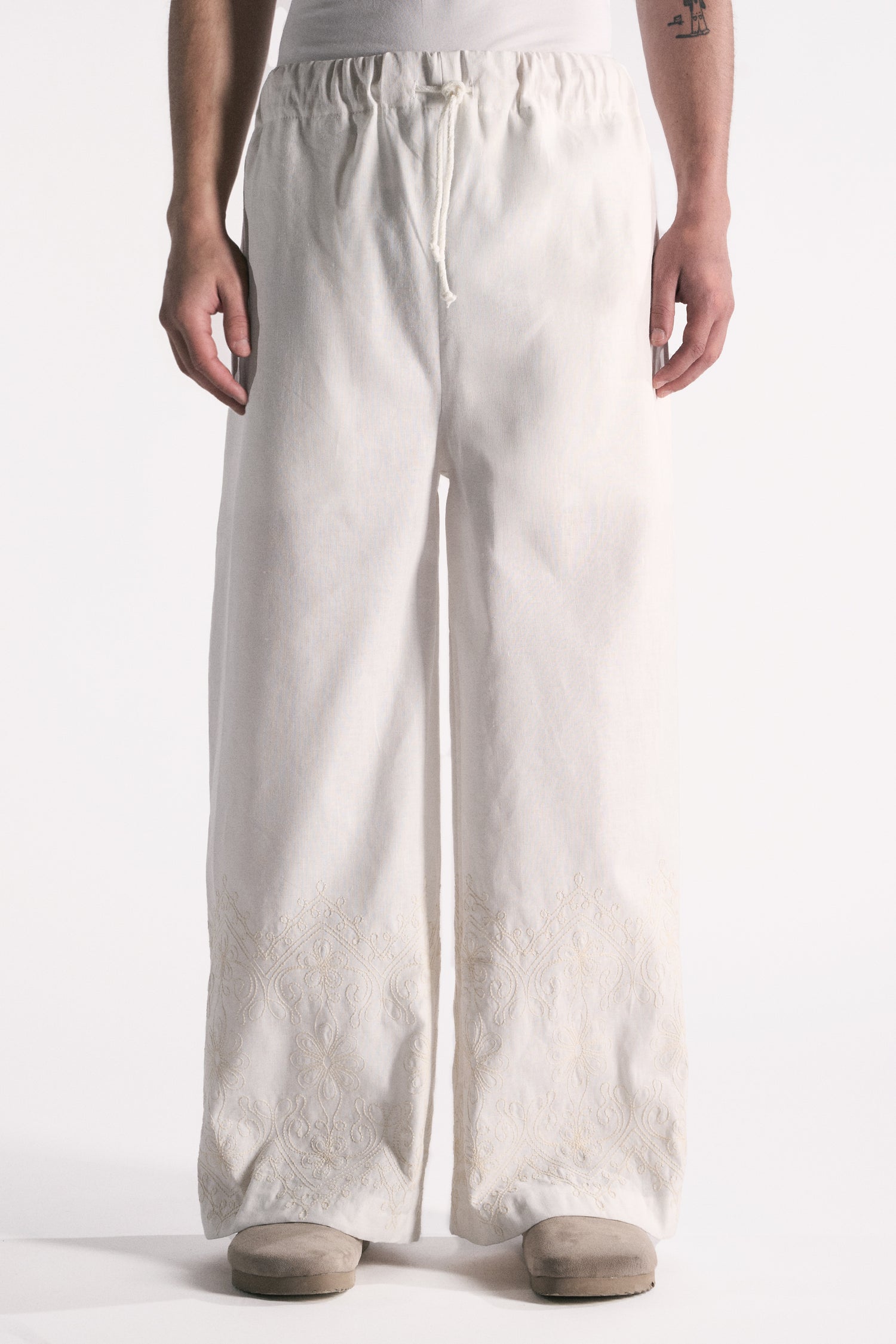 PANTALONE WIDE LEG LINO COTONE BURRO CON RICAMO